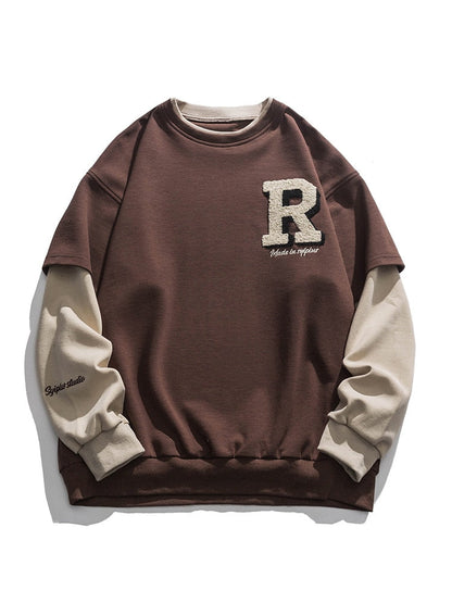 xiangtuibao Vintage Flocked Letter Fake Two Patchwork Hoodie Pullover Harajuku Sweatshirts Men Hip Hop Streetwear Loose Casual Tops