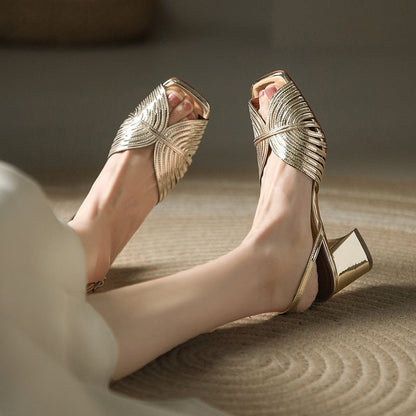 xiangtuibao NEW Summer Women Shoes Square Toe Thin Heel Women Sandals Cow Leather High Heels Solid Party Shoes Lattice Cloth Shoes for Women