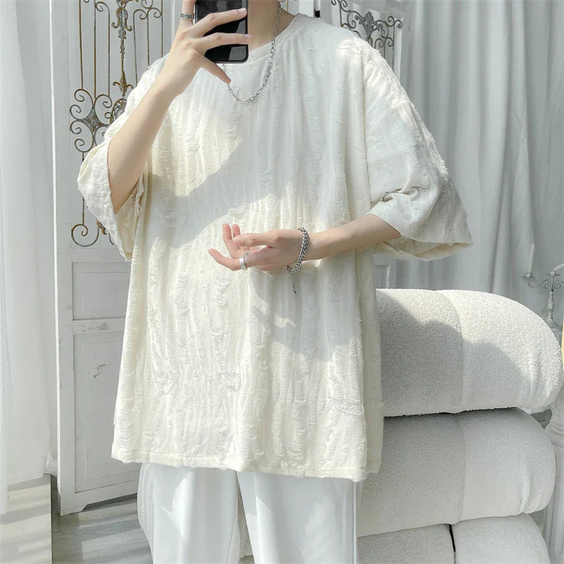 xiangtuibao Summer Chic Fashion Casual Holes Short Sleeve T-Shirts For Men Clothing  O-Neck Loose Casual Tee Shirt Homme Streetwear