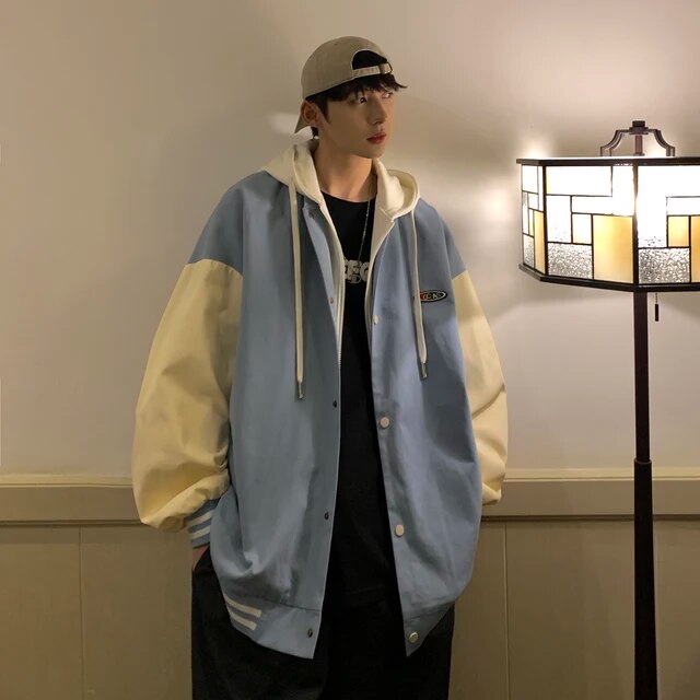 xiangtuibao Spring Autumn Color Splicing Fake Two men's Fashion Jacket Casual Hooded Unisex Baggy Couple Coat Chic Travel Sweatshirt For Men