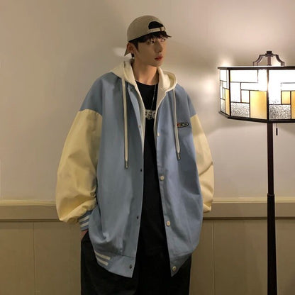 xiangtuibao Spring Autumn Color Splicing Fake Two men's Fashion Jacket Casual Hooded Unisex Baggy Couple Coat Chic Travel Sweatshirt For Men
