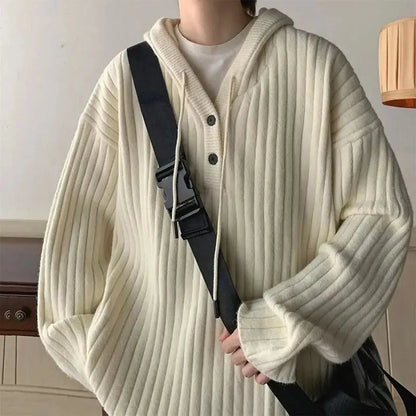 xiangtuibao Spring Autumn Mens Solid Hooded Top Trend Fashion Y2k Streetwear American Hooded Loose Knitted Sweater Unisex Long Sleeve Hoodie