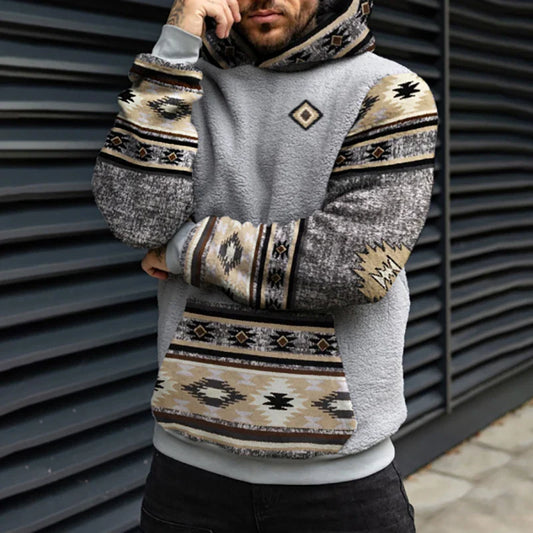 xiangtuibao Vintage Hoodie For Men's Casual Ethnic Geometric Print Sherpa Sweatshirt Autumn Winter Long Sleeve Patchwork Men Pullovers Tops