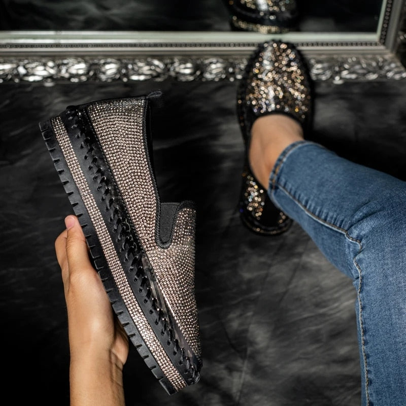 xiangtuibao Luxury Women Flats Rhinestone Bling Sewing Platform Loafers Slip on Sewing Shallow Fashion Casual Shoes Ladies Footwear