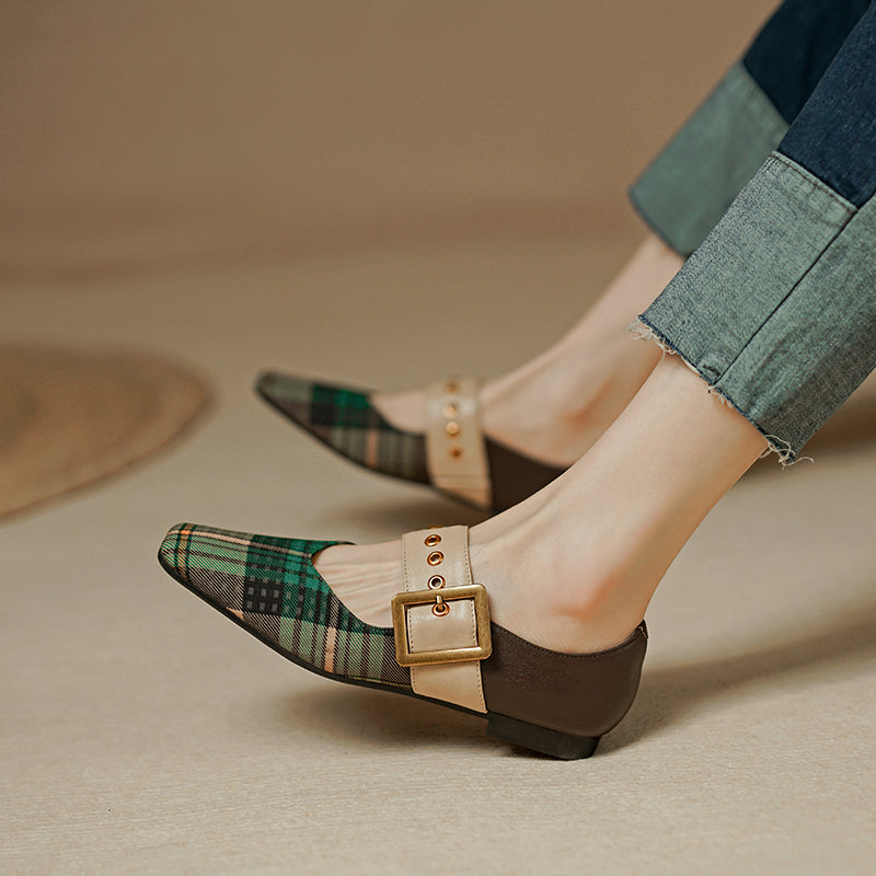 xiangtuibao Square Toe Women Flats With Buckle Women Mules Slip On Moccasins Ladies Gingham Flat Shoes Patchwork Loafers Chaussures Femme