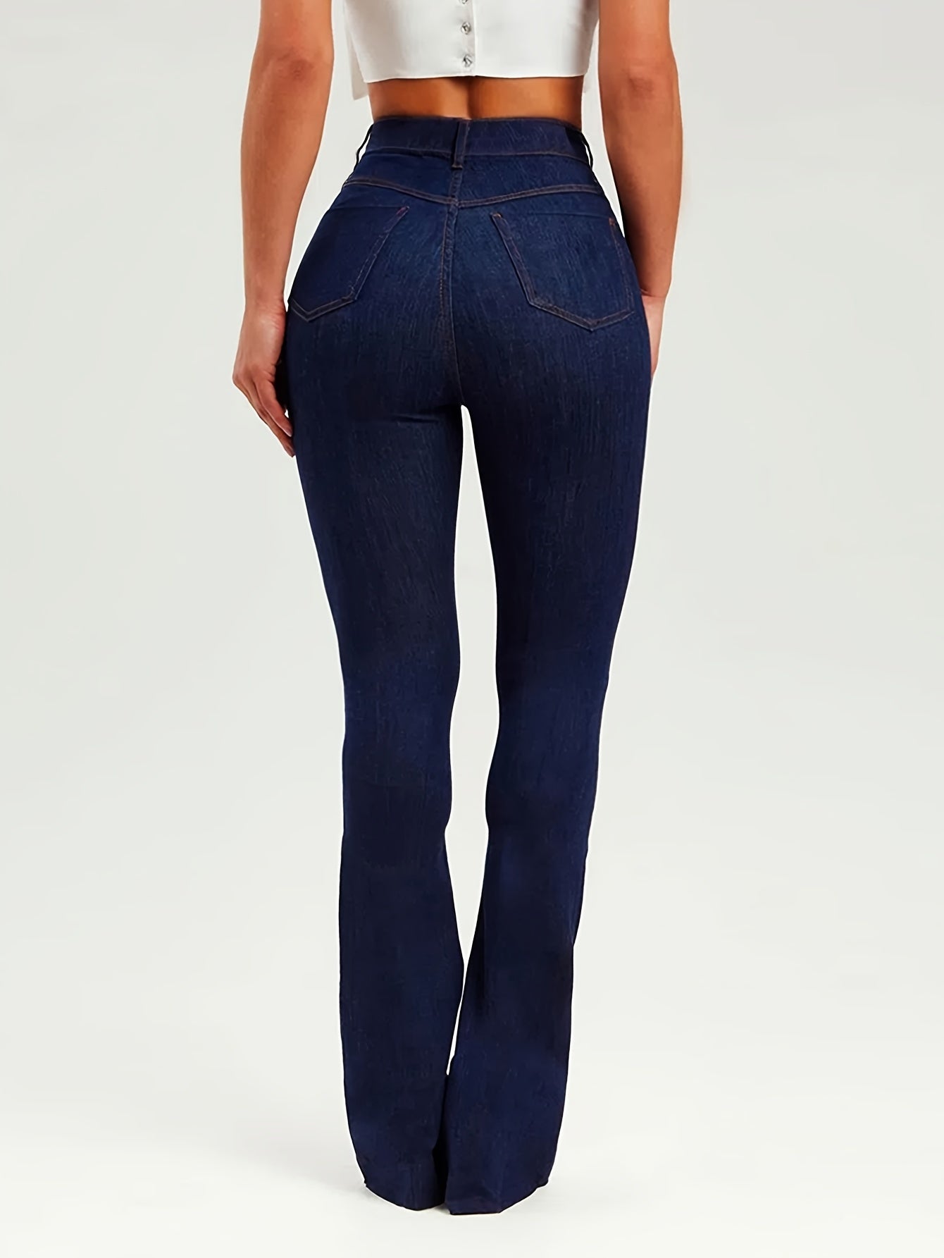 High Waist Solid Color Vintage Flare Leg Jeans - Stretchy Zip Up Bootcut Pants with Long Length and Medium Stretch Fabric - Perfect for Mature Women with Slim Fit