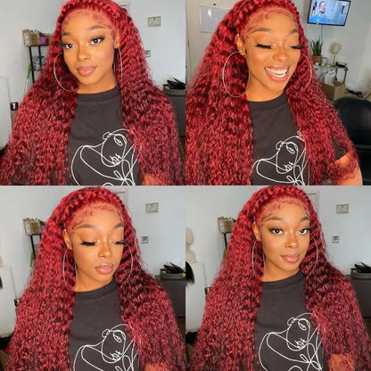 13x4 Red Color 180% Curly Human Hair Wigs for Women 99J Burgundy Transparent Deep Wave Lace Frontal Wig Synthetic
