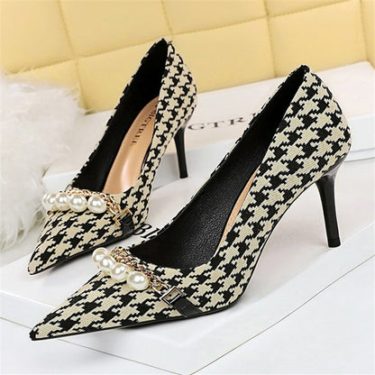 xiangtuibao Women 7.5cm 9.5cm High Heels Plaid Pumps Pointed Toe Wedding Bridal Middle Low Heels Lady Pearl Scarpins Event Stripper Shoes