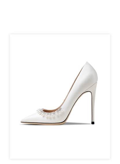xiangtuibao New Spring Women For Fashion Pointed Toe Stiletto Pumps Sexy White String Bead Wedding Shoes High Heels Party Dress Shoes V