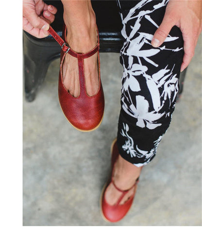 Women Flat Shoes Retro Handmade T-straps Vintage Casual Flats Loafer Shoes Woman Large Size