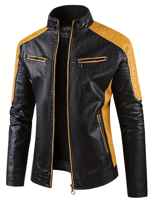 Men's Stylish Warm Fleece PU Jacket | Easy Care, Regular Fit, Solid Color | Chic Winter Casual with Stand Collar