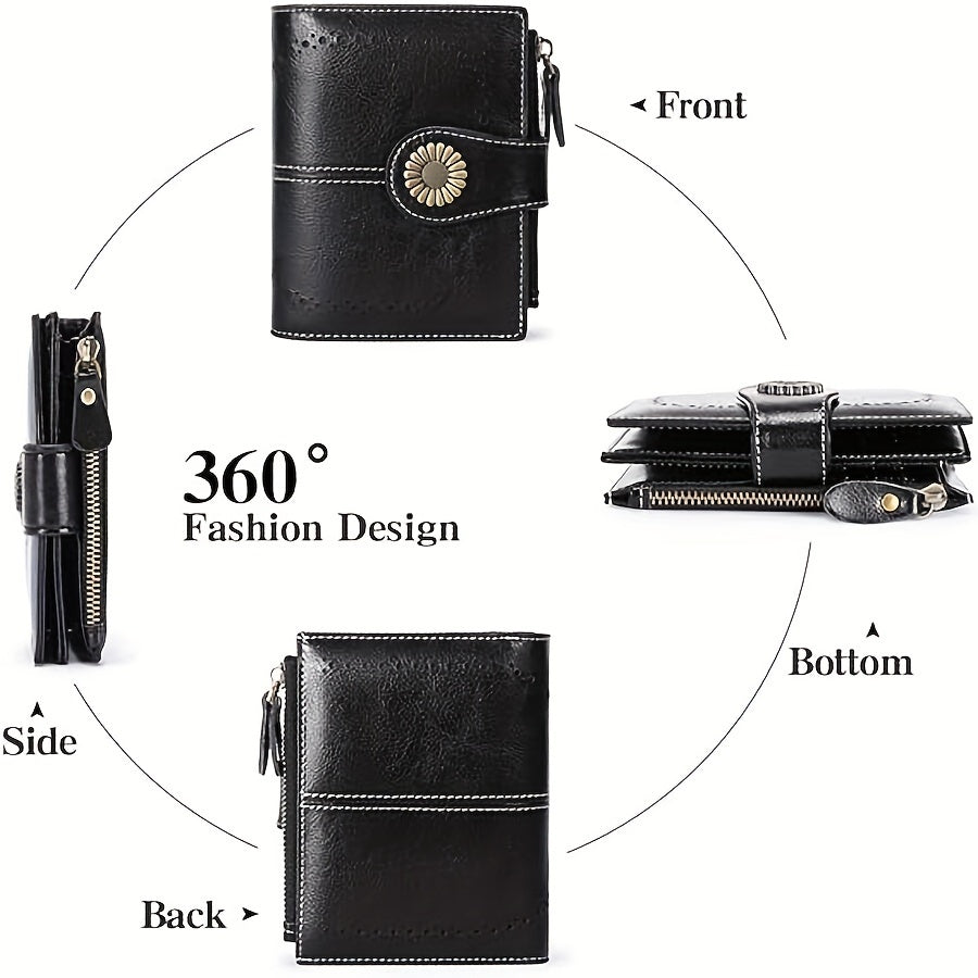 16-Slot Genuine Leather Small Bifold Wallet with RFID Blocking, Zipper Coin Purse, 2 ID Windows, and Buckle Closure - Premium Leather Lining, Casual Style, and Perfect for Everyday Use