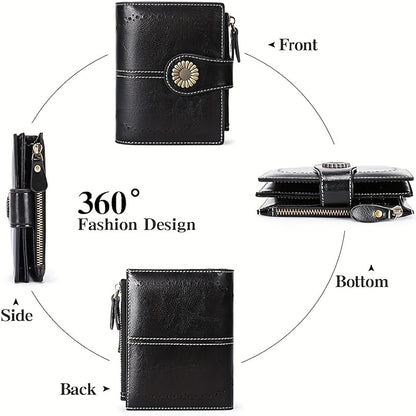 16-Slot Genuine Leather Small Bifold Wallet with RFID Blocking, Zipper Coin Purse, 2 ID Windows, and Buckle Closure - Premium Leather Lining, Casual Style, and Perfect for Everyday Use