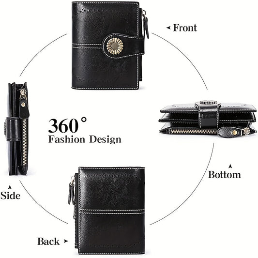 16-Slot Genuine Leather Small Bifold Wallet with RFID Blocking, Zipper Coin Purse, 2 ID Windows, and Buckle Closure - Premium Leather Lining, Casual Style, and Perfect for Everyday Use