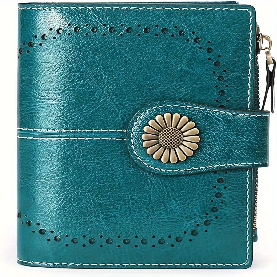 16-Slot Genuine Leather Small Bifold Wallet with RFID Blocking, Zipper Coin Purse, 2 ID Windows, and Buckle Closure - Premium Leather Lining, Casual Style, and Perfect for Everyday Use