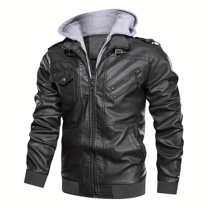 Trendy Mens PU Leather Biker Jacket - Chic Hooded Design with Zip Up Closure - Durable & Stylish Casual Wear