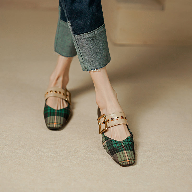 xiangtuibao Square Toe Women Flats With Buckle Women Mules Slip On Moccasins Ladies Gingham Flat Shoes Patchwork Loafers Chaussures Femme