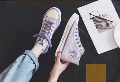 xiangtuibao  Spring New Women Canvas Shoes Fashion Drawings Girl Purple Vulcanized Sneakers Butterfly Embroidery Casual High Low Flat Shoes