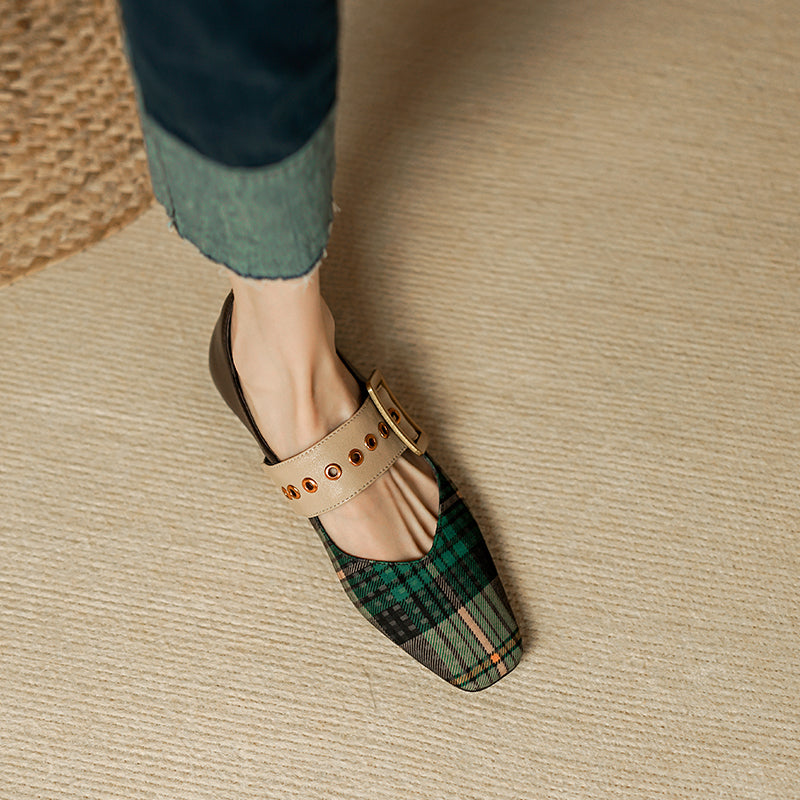 xiangtuibao Square Toe Women Flats With Buckle Women Mules Slip On Moccasins Ladies Gingham Flat Shoes Patchwork Loafers Chaussures Femme