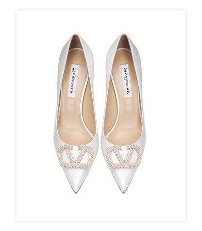 xiangtuibao New Spring Women For Fashion Pointed Toe Stiletto Pumps Sexy White String Bead Wedding Shoes High Heels Party Dress Shoes V