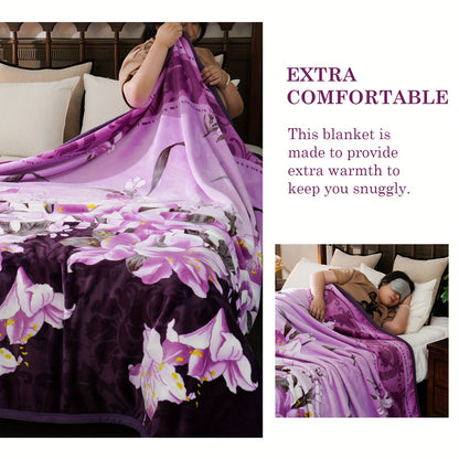 1pc ALK-02 400g Lily Flower Pattern Flannel Printed Blanket, Thickened Warm Winter For Couch Office Bedroom Airplane, Pets Available, Multifunctional Throw Blanket, All Seasons Universal, Student Dormitory Available