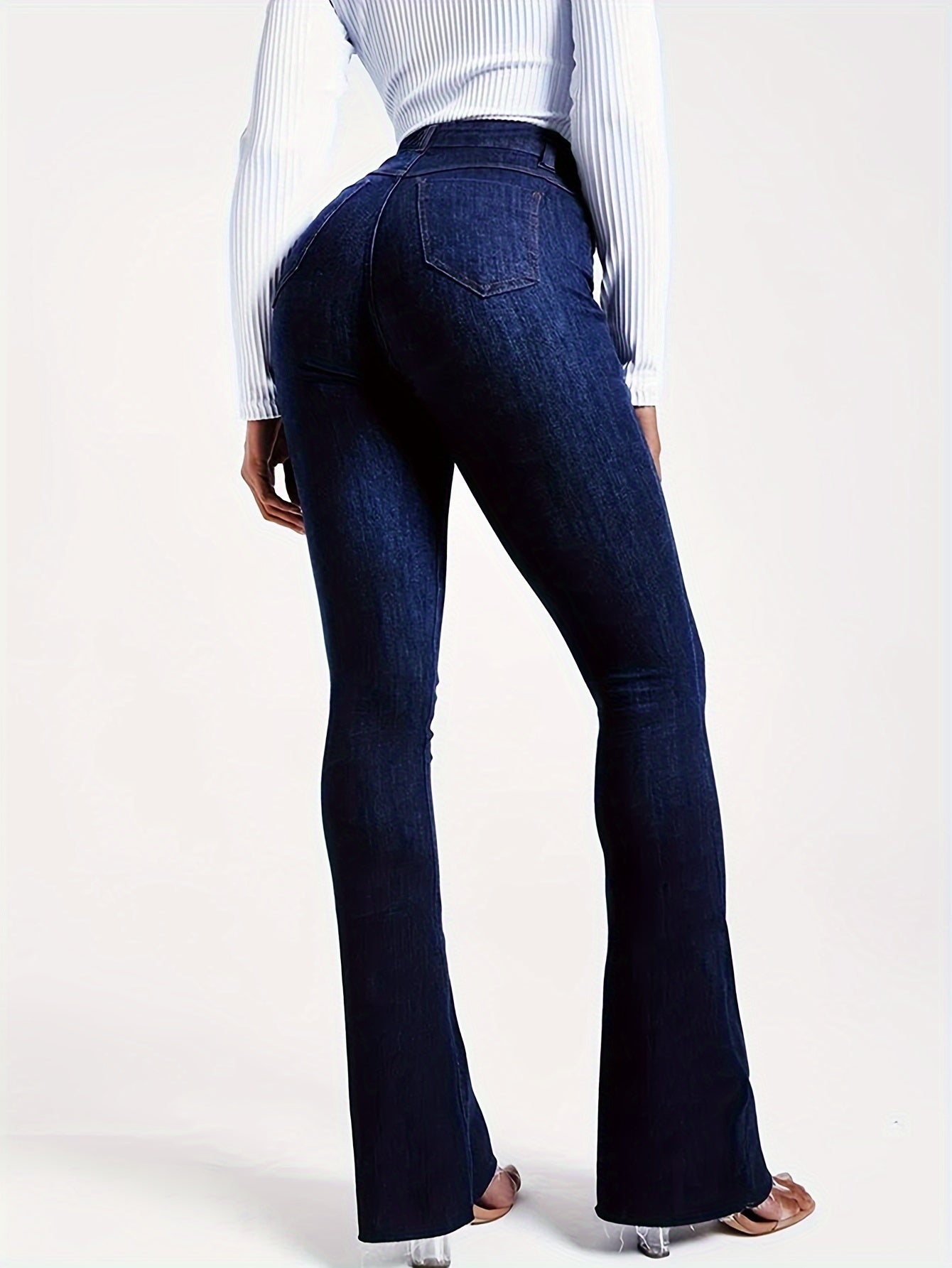 High Waist Solid Color Vintage Flare Leg Jeans - Stretchy Zip Up Bootcut Pants with Long Length and Medium Stretch Fabric - Perfect for Mature Women with Slim Fit