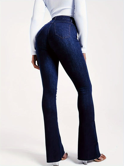 High Waist Solid Color Vintage Flare Leg Jeans - Stretchy Zip Up Bootcut Pants with Long Length and Medium Stretch Fabric - Perfect for Mature Women with Slim Fit