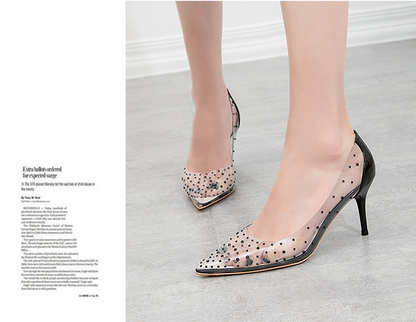 xiangtuibao Transparent high heel women's stiletto pointed wedding shoes rhinestone glass glue, star shoes
