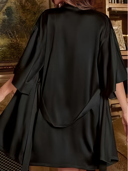 Three-Piece Luxurious Sleepwear Set - Soft Solid Satin Fabric, Stylish Three Quarter Sleeve, Elegant Belted Sleep Robe, Classic Round Neck Slip Dress - Designed for Womens Comfort and Style