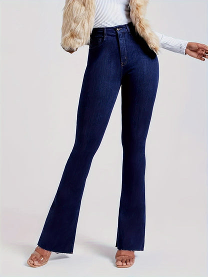 High Waist Solid Color Vintage Flare Leg Jeans - Stretchy Zip Up Bootcut Pants with Long Length and Medium Stretch Fabric - Perfect for Mature Women with Slim Fit