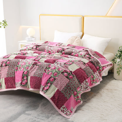 1pc 400g Flannel Pink Flower Patchwork Blanket Thickened Warm Winter For Sofa Office Bedroom Airplane, Light Luxury Premium, All Seasons Universal, Skin-friendly And Soft And Comfortable, Multi-purpose Blanket