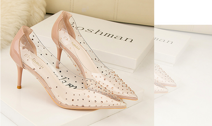 xiangtuibao Transparent high heel women's stiletto pointed wedding shoes rhinestone glass glue, star shoes