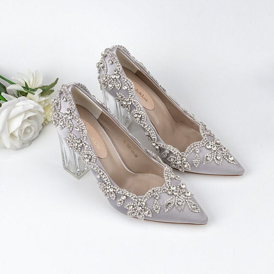 xiangtuibao Wedding Shoes Luxury Design Higher Quality Satin Full Stone Rhinestone Pointed Toe Bride Pumps Fat Square Clear Higher Heels
