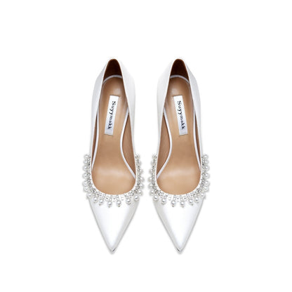 xiangtuibao New Spring Women For Fashion Pointed Toe Stiletto Pumps Sexy White String Bead Wedding Shoes High Heels Party Dress Shoes V