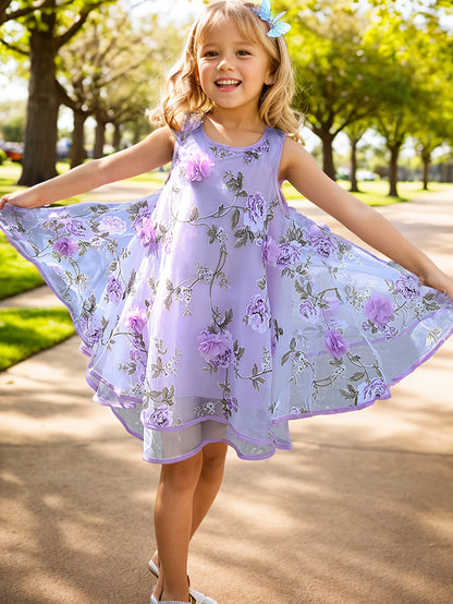 2-Layer Chiffon Sleeveless Floral Mesh Overlay Party Dress for Girls - Twist Details, Semi-Sheer, Loose Fit, Crew Neck, Brief Length, Non-Stretch Polyester, All-Season Wear, Casual Style - Perfect for Birthday and Summer Events