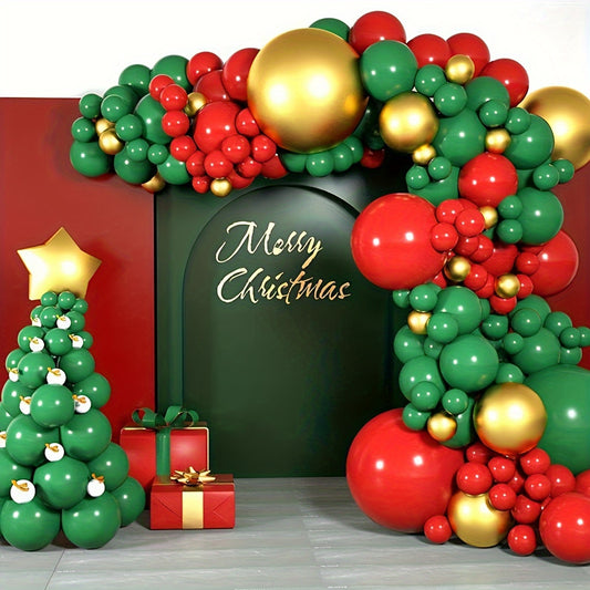 147Pcs Festive Christmas Balloon Garland Arch Kit - Red, Green & Metallic Golden Latex Emulsion Material, Perfect for Holiday Party Decor, Ages 14+