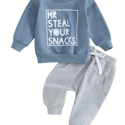 2pcs Adorable "MR STEAL YOUR SNACKS" Baby Boy's Active Set - Soft Sports Cotton Crew Neck Sweatshirts Top and Elastic Waist Fall Pants Outfit - Comfortable, Breathable, and Stylish for Everyday Wear