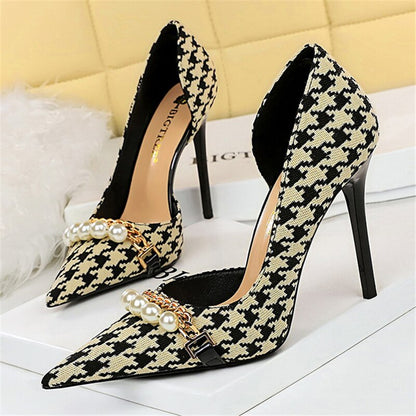 xiangtuibao Women 7.5cm 9.5cm High Heels Plaid Pumps Pointed Toe Wedding Bridal Middle Low Heels Lady Pearl Scarpins Event Stripper Shoes