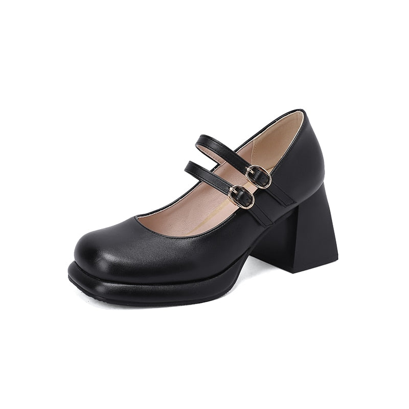 xiangtuibao Double Breasted Buttoned Cutout Breathable Thick Heel Women's Pumps Tapered Thick Heel Classic French Style Mary Jean Shoes
