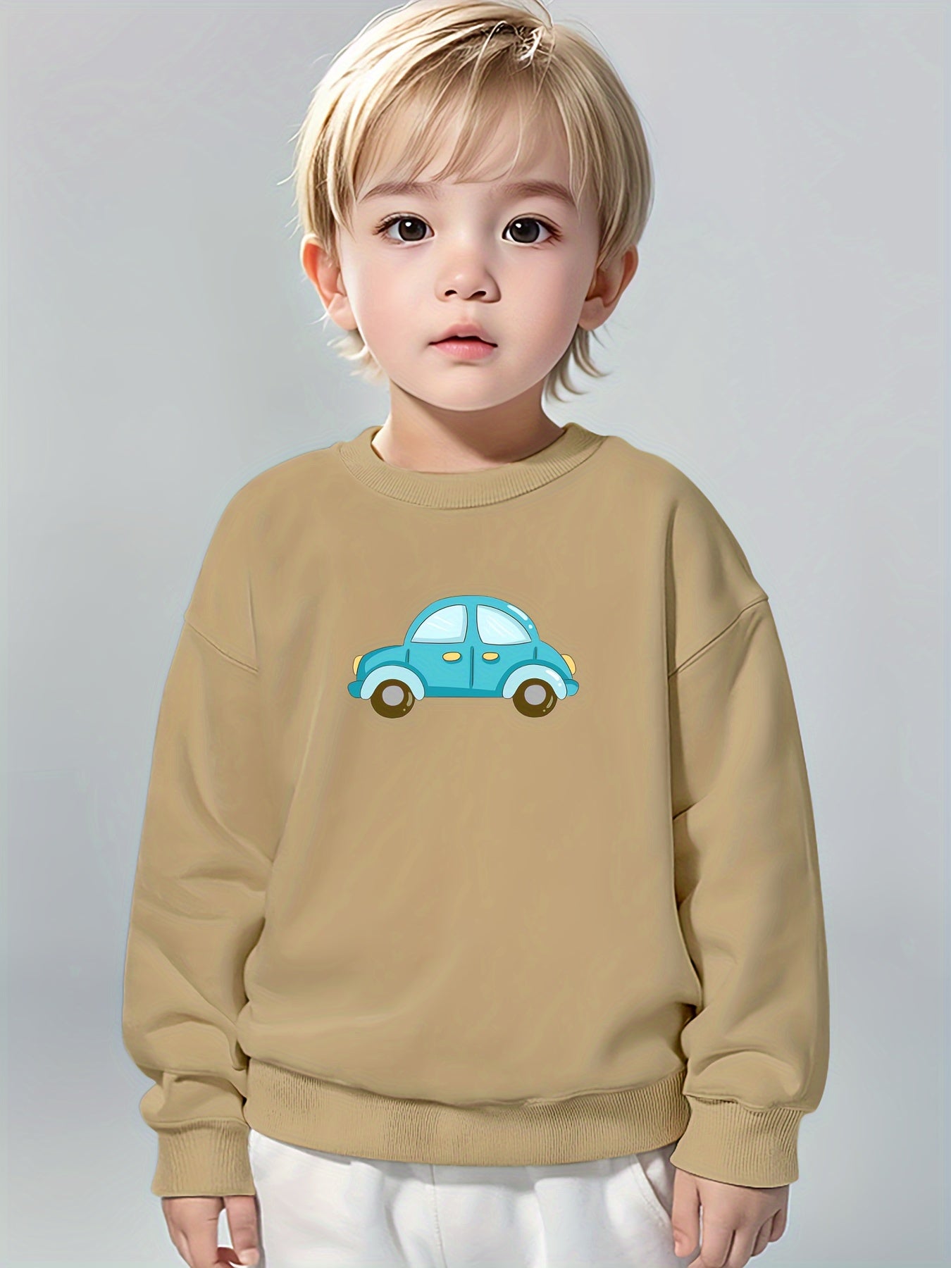 Boys Pure Cotton Cute Car Print Round Neck Comfortable Casual Long Sleeve Sweatshirt For Spring And Autumn And Winter Cozy & Versatile Sweatshirt Top For Indoors & Outdoors