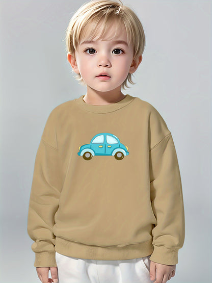 Boys Pure Cotton Cute Car Print Round Neck Comfortable Casual Long Sleeve Sweatshirt For Spring And Autumn And Winter Cozy & Versatile Sweatshirt Top For Indoors & Outdoors