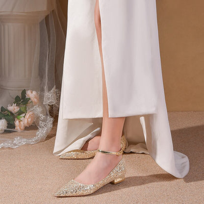 xiangtuibao Strap Wedding Shoes Women's Flat Bottomed Main Dress Wearing Pregnant Women's Low Heel Bride's Shoes Not Tired Feet High Sense