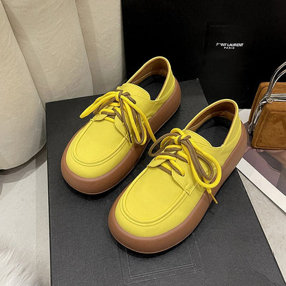 Green Yellow Oxford Shoes Women Flats  Summer Design Casual Platform Loafers Derby Shoes Women Lace Up Leather Oxfords
