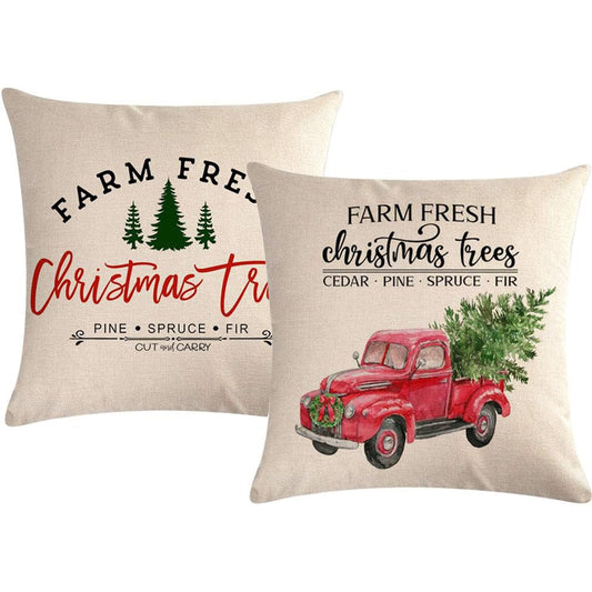 2-Pack 18x18 Inches Farm Fresh Christmas Trees & Red Truck Design Linen Throw Pillow Covers, Machine Washable Zippered Pillowcases for Contemporary Home Decor