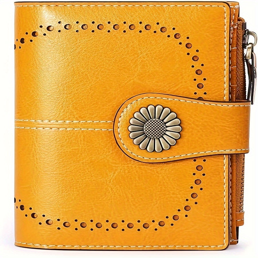 16-Slot Genuine Leather Small Bifold Wallet with RFID Blocking, Zipper Coin Purse, 2 ID Windows, and Buckle Closure - Premium Leather Lining, Casual Style, and Perfect for Everyday Use