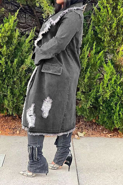 xiangtuibao Ripped Burrs Notched Lapel Casual Denim Coat