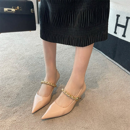 xiangtuibao Patent Leather Women Pumps Pointed Toe Shallow Slip On Black WHite Beige Silver Rhinestone Chain Thin High Heels Dress Shoes 39