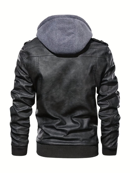Trendy Mens PU Leather Biker Jacket - Chic Hooded Design with Zip Up Closure - Durable & Stylish Casual Wear