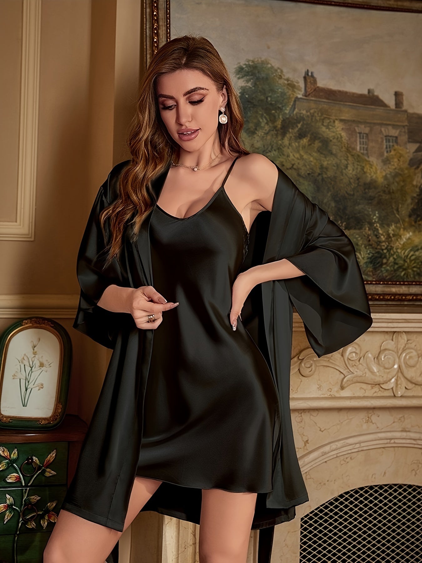 Three-Piece Luxurious Sleepwear Set - Soft Solid Satin Fabric, Stylish Three Quarter Sleeve, Elegant Belted Sleep Robe, Classic Round Neck Slip Dress - Designed for Womens Comfort and Style