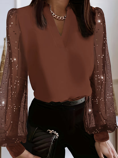 Chic Plus Size V-Neck Blouse - Sheer Mesh Accents - Long-Sleeve Design for Spring Elegance - Women's Curvy Fashion